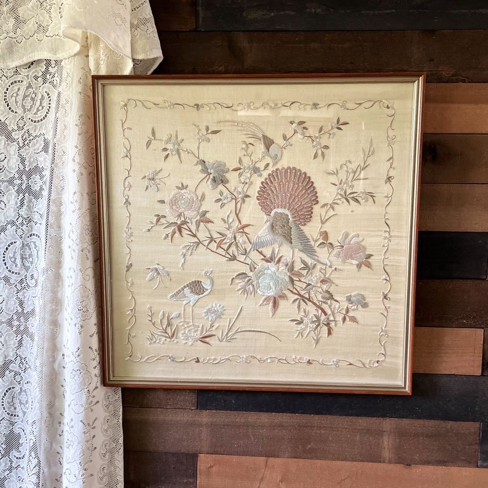 Antique Chinese Silk Bird Floral Flower Wood Frame  Embroidery